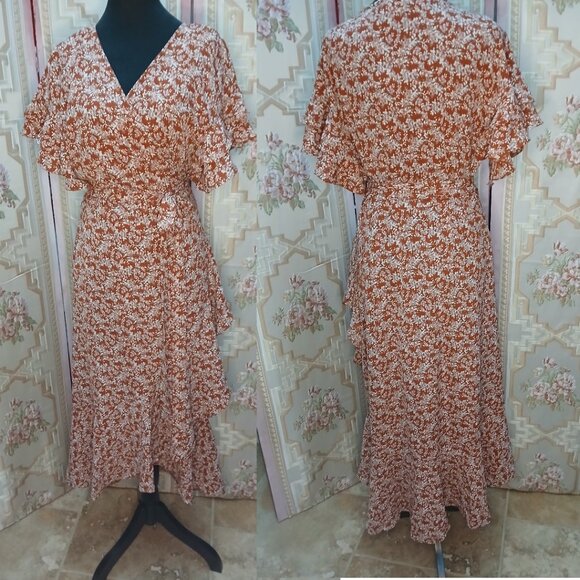 Terracotta Max Studio wrap carnation midi ruffle flutter dress size XL orig $128 - Picture 1 of 5